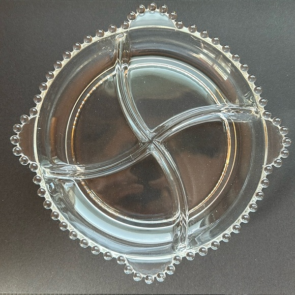 VTG Candlewick 4 Section Divided Beaded Clear Glass Serving Dish With Handles - Picture 1 of 3
